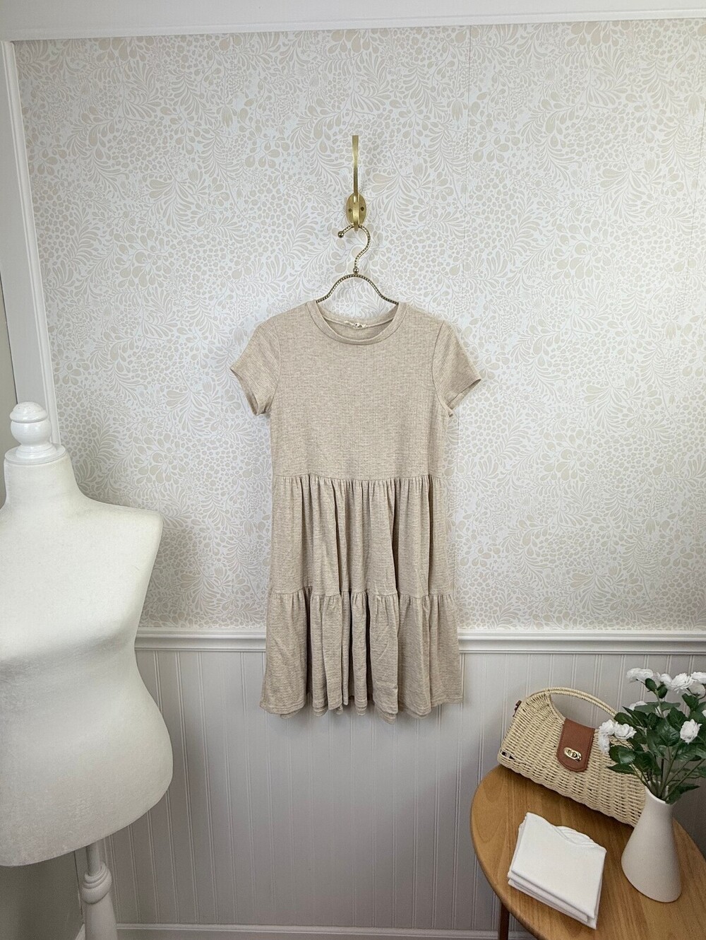See You Monday Beige Ribbed Short-Sleeve Tiered Mini Dress - Size - Medium